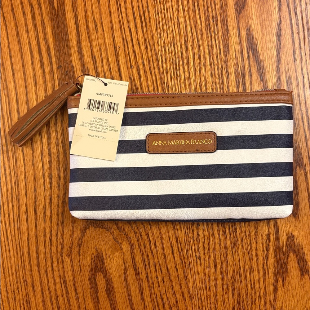 NWT Anna Martina Franco Blue and White Stripes and Polka Dot Cosmetic Bag/Purse